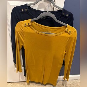 2 Jcrew 3/4 sleeve shirts, one is dark navy, the other is a mustard yellow